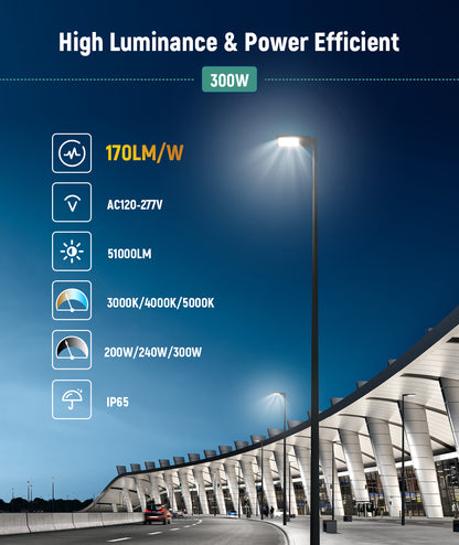 LED Area Light - 51,000 Lumen Max - AC277 480V - Wattage Adjustable 300W/240W/200W - 170LM/W - Color Tunable 30K/40K/50K - Photocell Base