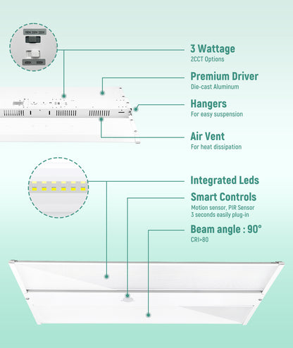LED Linear High Bay - 2ft - 30,800 Lumen Max - Wattage Adjustable 220W/200W/180W - Color Tunable 40K/50K - Sensor Base