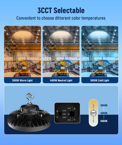 LED Wattage Adjustable UFO High Bay - 100W/150W - 5000K - Jen Lighting & Microwave Highbay Sensor - 12VDC