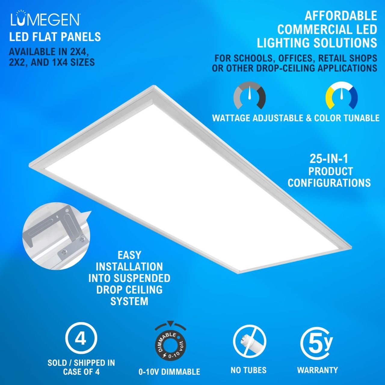 Case of 4 - 2x4 LED Flat Panel Light - Wattage Adjustable 20W/25W/30W/40W/50W - 5 Color Tunable  - LumeGen