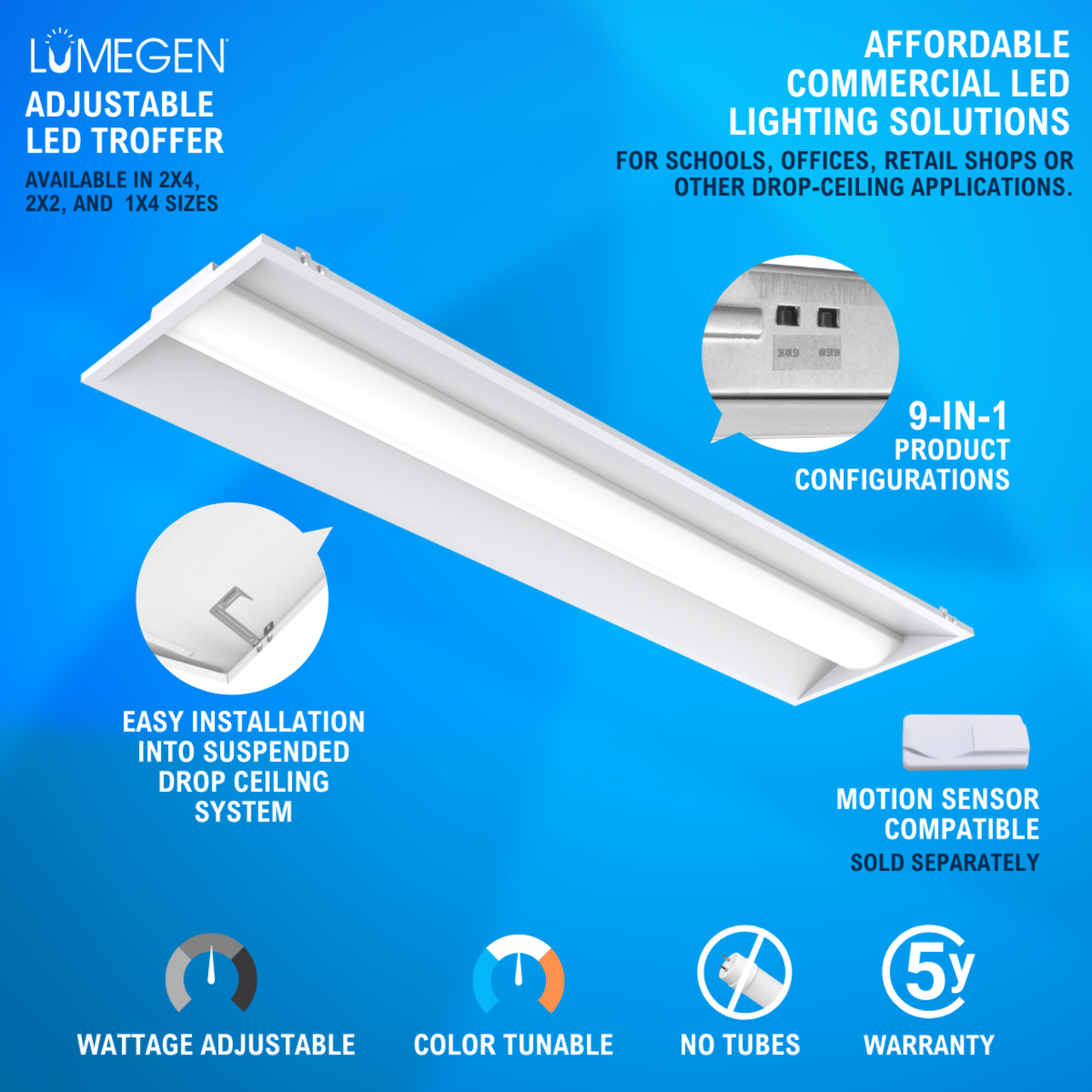 Case of 2 - 1x4 LED Troffer Light - Wattage Adjustable 16W/20W/30W - Color Tunable 35K/40K/50K - LumeGen