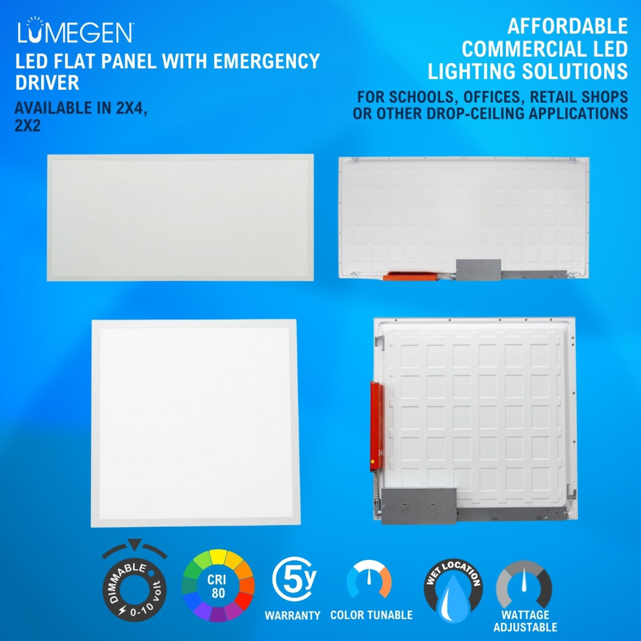 Case of 2 - 2x4 LED Flat Panel Light with Emergency Driver - 5 Wattage Adjustable - 5 Color Tunable  - LumeGen