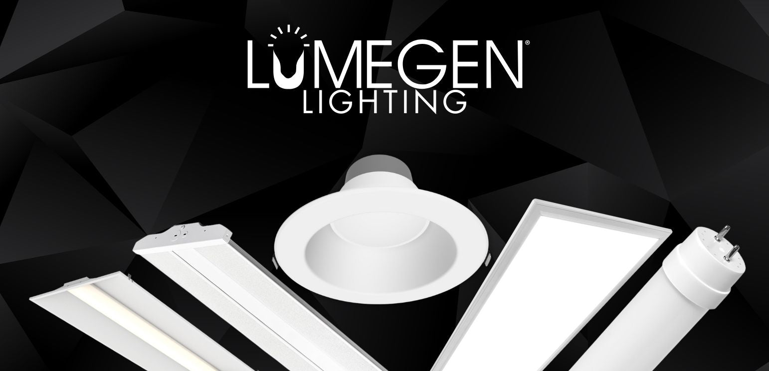 Lumegen lighting promo banner with various LED lighting fixtures