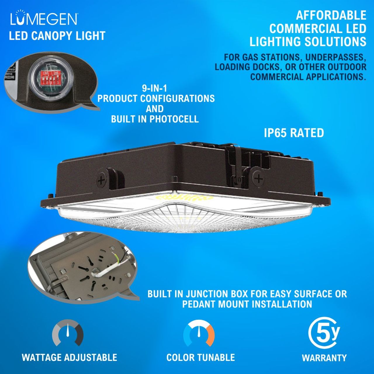 LED Wattage Adjustable & Color Tunable Canopy Light- 75W/60W/45W - 3000K/4000K/5000K - LumeGen