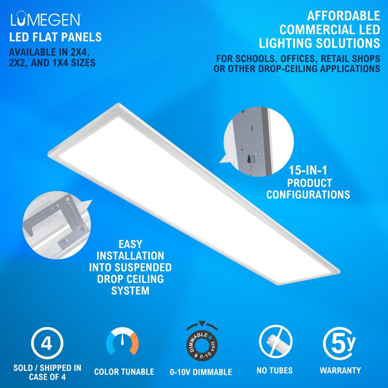 Case of 4 - 1x4 LED Flat Panel Light - Wattage Adjustable 20W/30W/40W - Color Tunable 35K/40K/50K/57K/65K - LumeGen
