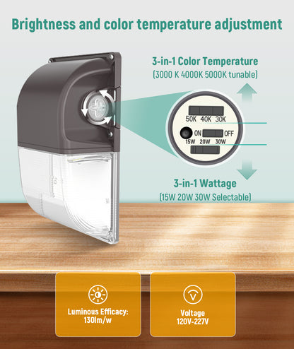 LED Mini Wallpack - 3,900 Lumen Max - Wattage Adjustable 30W/20W/15W - Color Tunable 30K/40K/50K - Photocell