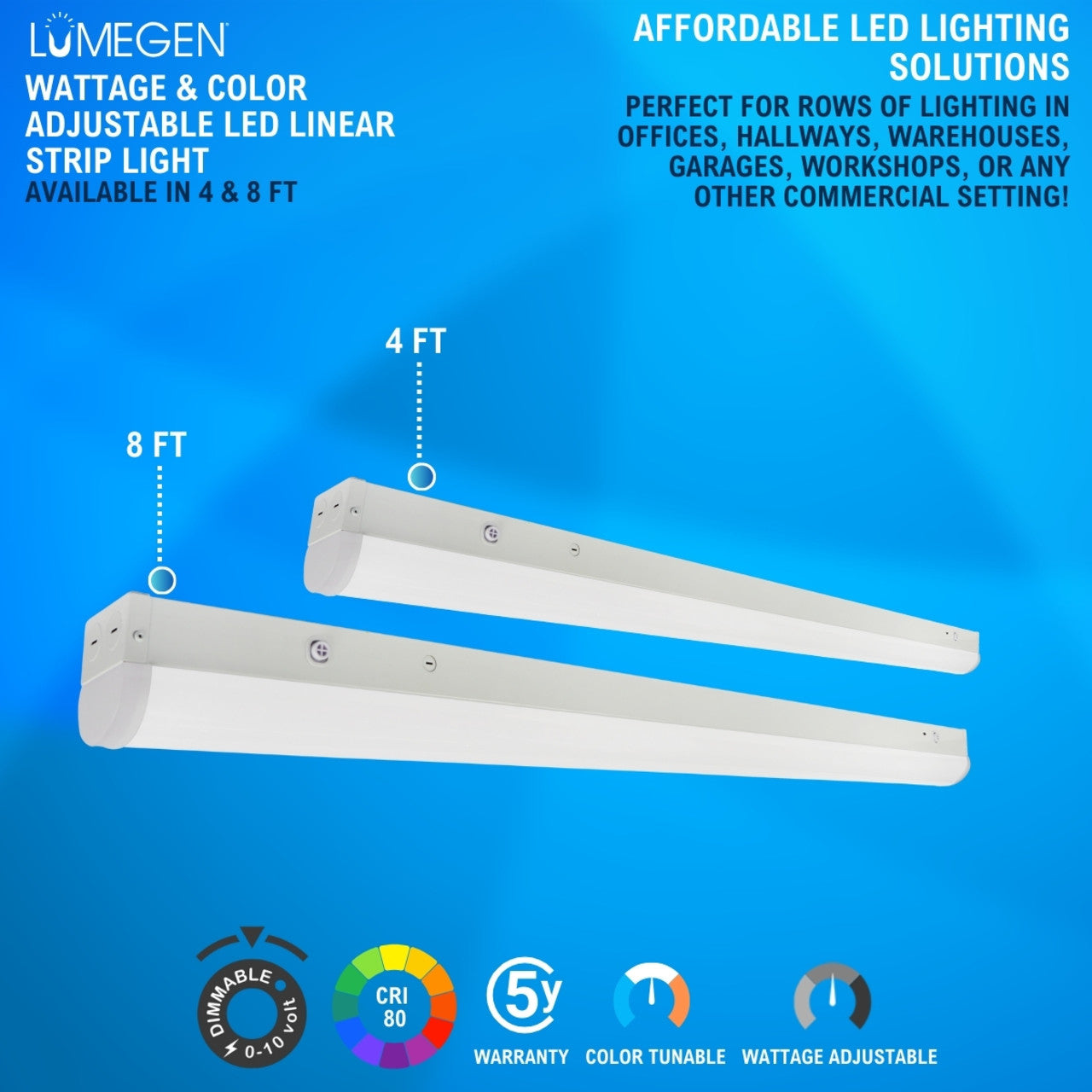 4ft. LED Linear Strip Light - Wattage Adjustable 30W/40W/50W - Color Tunable 35K/40K/50K - LumeGen