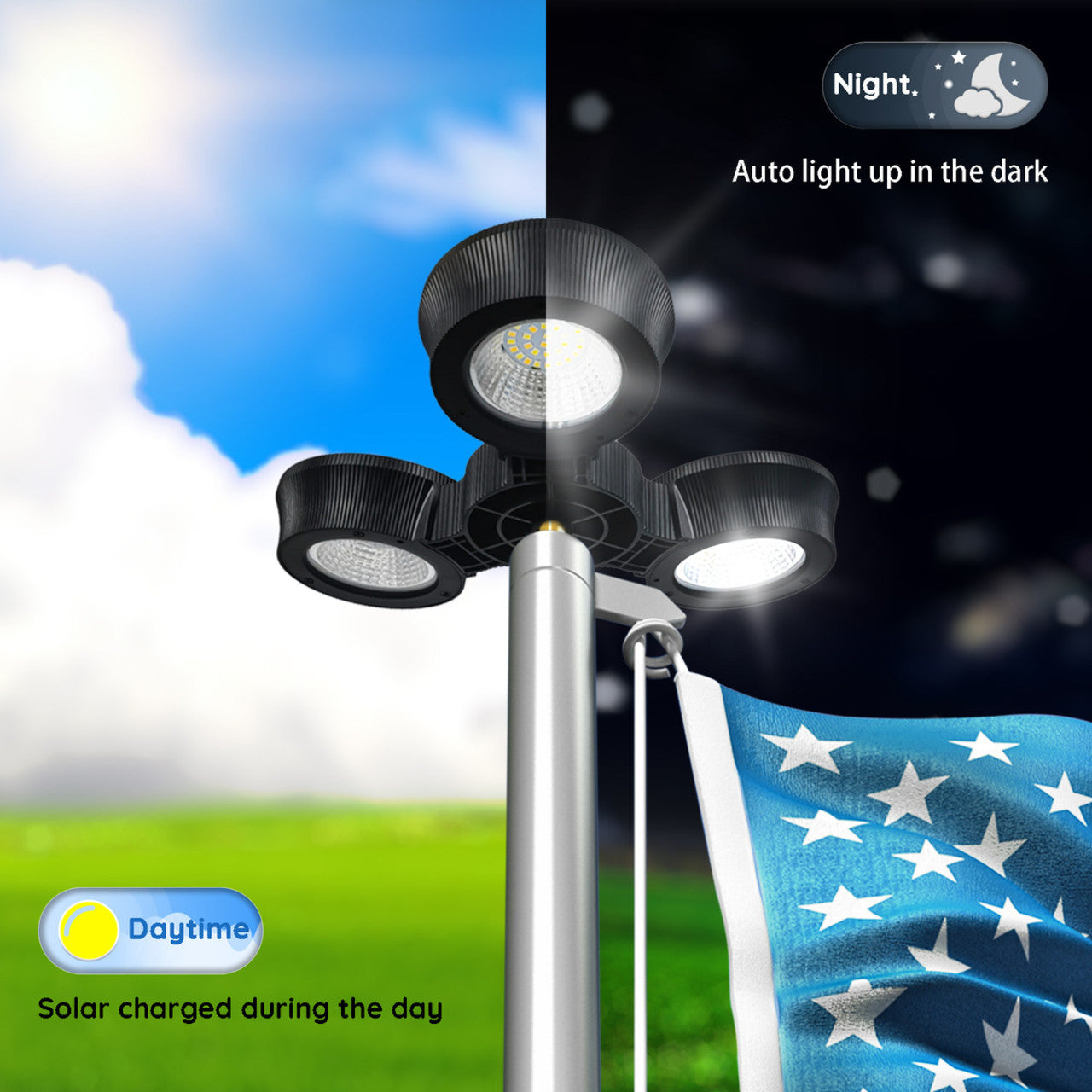 Solar LED Tri-Head Flagtop Pole Light | 32 LEDs – LightUp