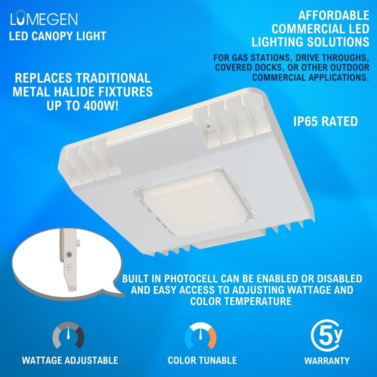 LED Wattage Adjustable & Color Tunable Slim Square Canopy Light - 100W/130W/150W - 3500K/4000K/5000K - LumeGen