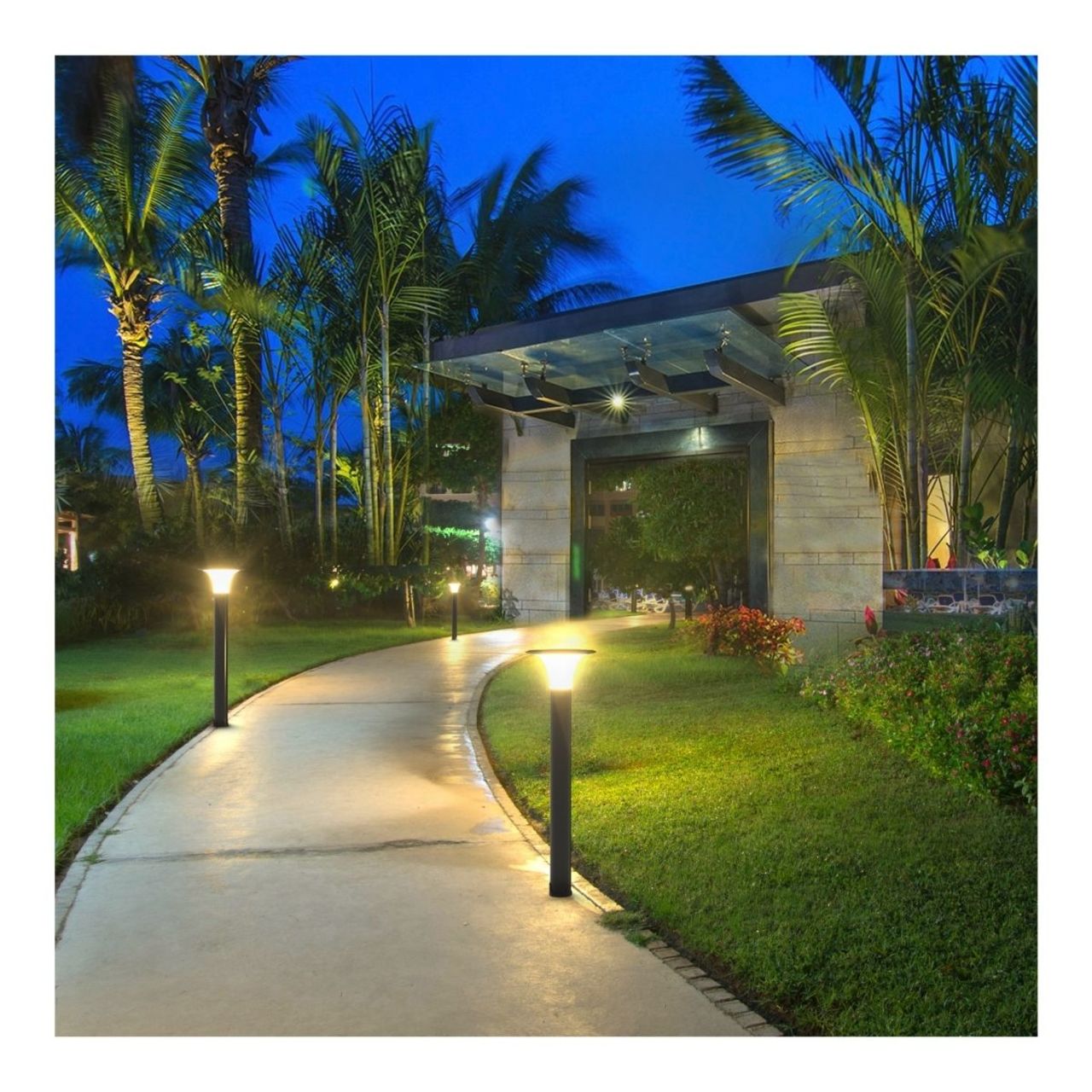 LED Solar Bollard Lights lighting a walkway