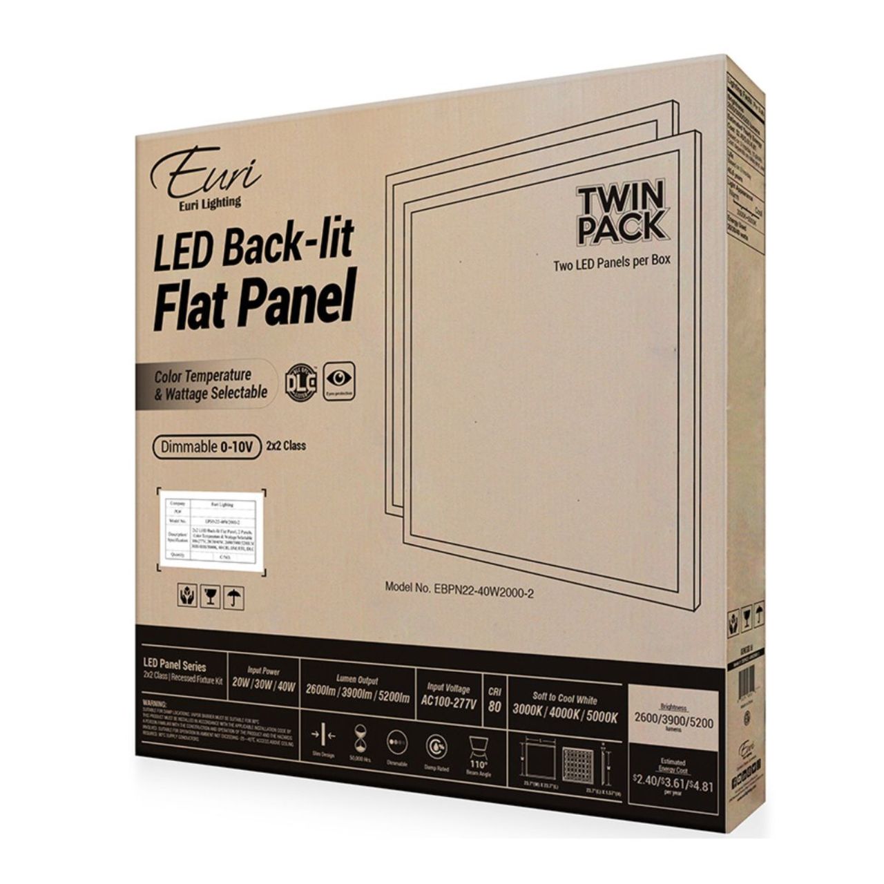 Case of 2 - 2x2 LED Flat Panel Light - 3 Wattage Adjustable - 3 CCT Selectable - Euri Lighting