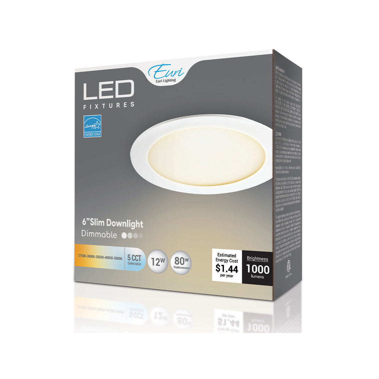 6in. LED Color Tunable Slim Recessed Downlight - 12W - 1000 Lumens - 2700K/3000K/3500K/4000K/5000K - Euri Lighting