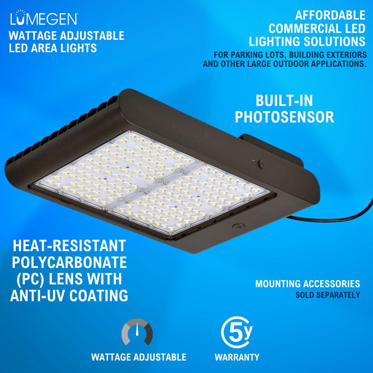 LED Wattage Adjustable Area Light w/ Built-in Photosensor - 150W/200W/240W/300W - 5000K