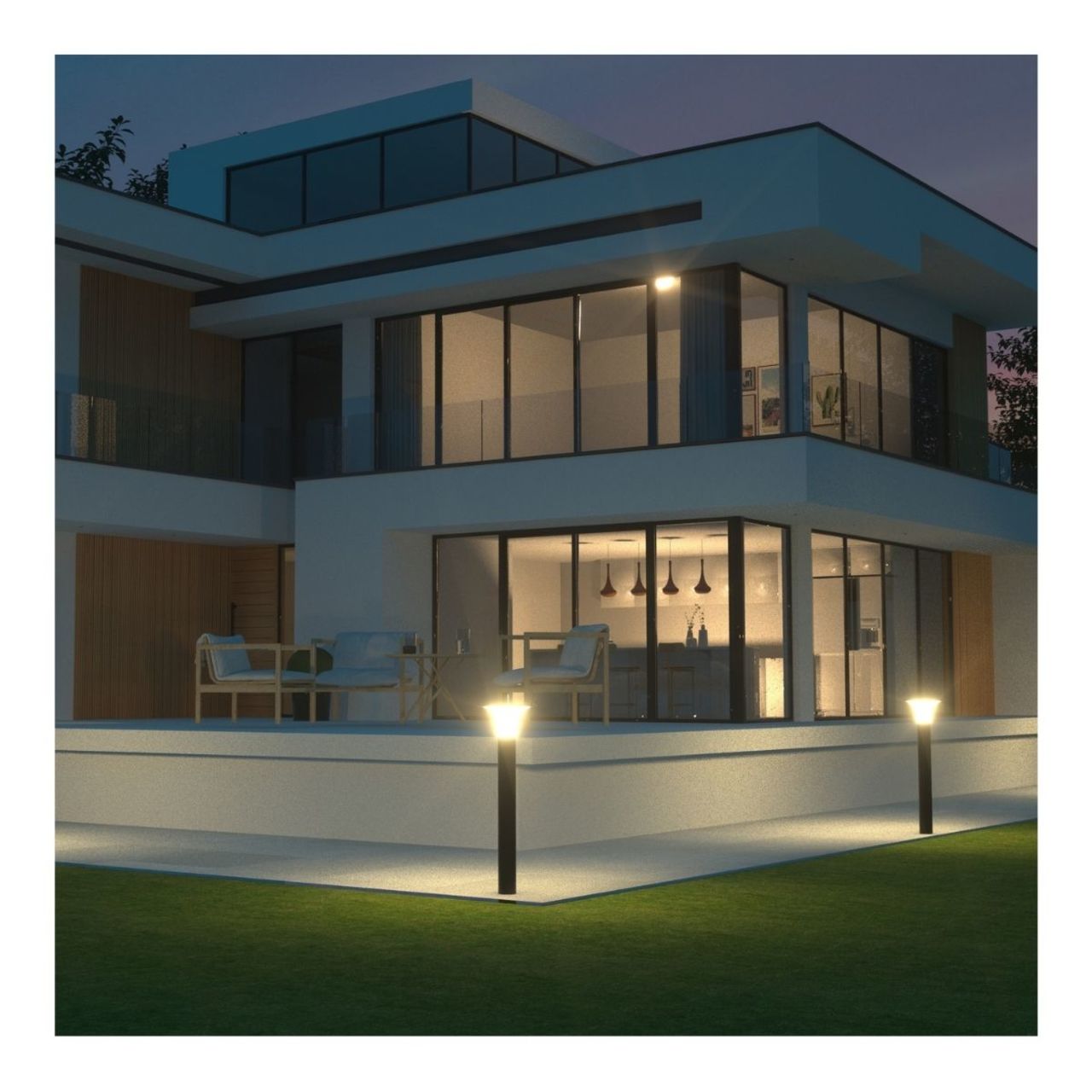 LED Solar Bollard lights lighting a perimeter of a home