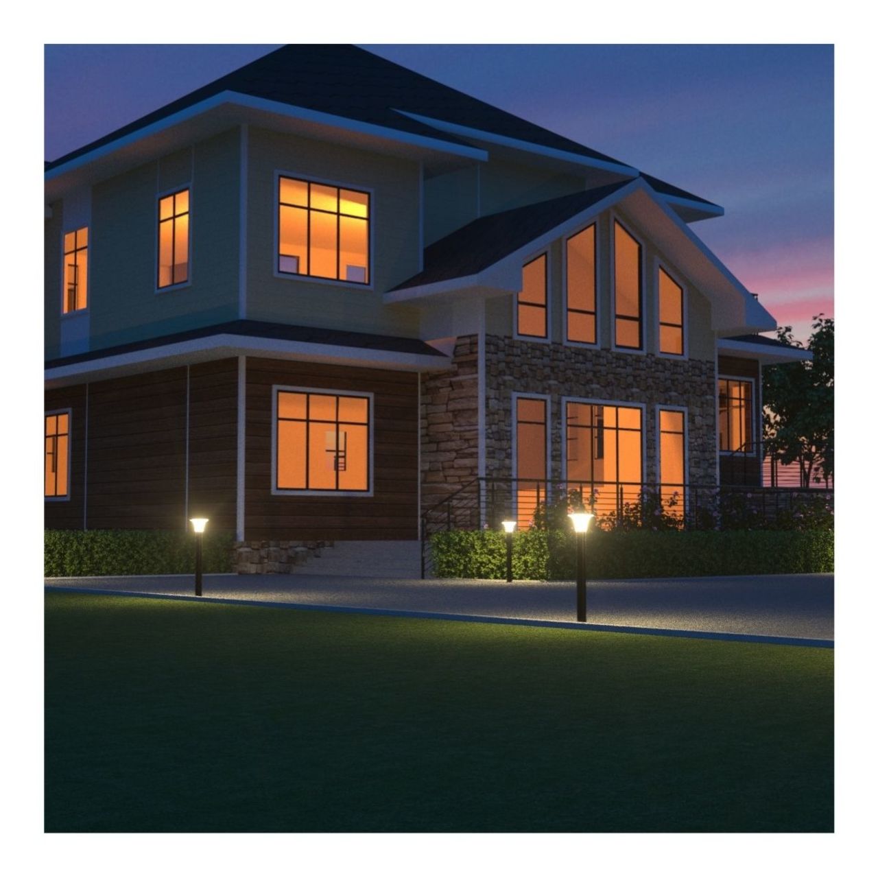 LED solar bollard lights outside a home along a walkway