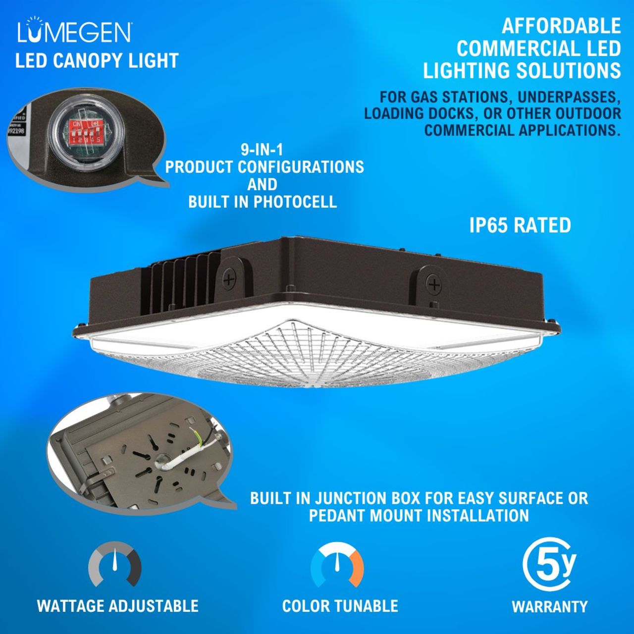 LED Wattage Adjustable & Color Tunable Canopy Light- 120W/96W/72W - 3000K/4000K/5000K - LumeGen
