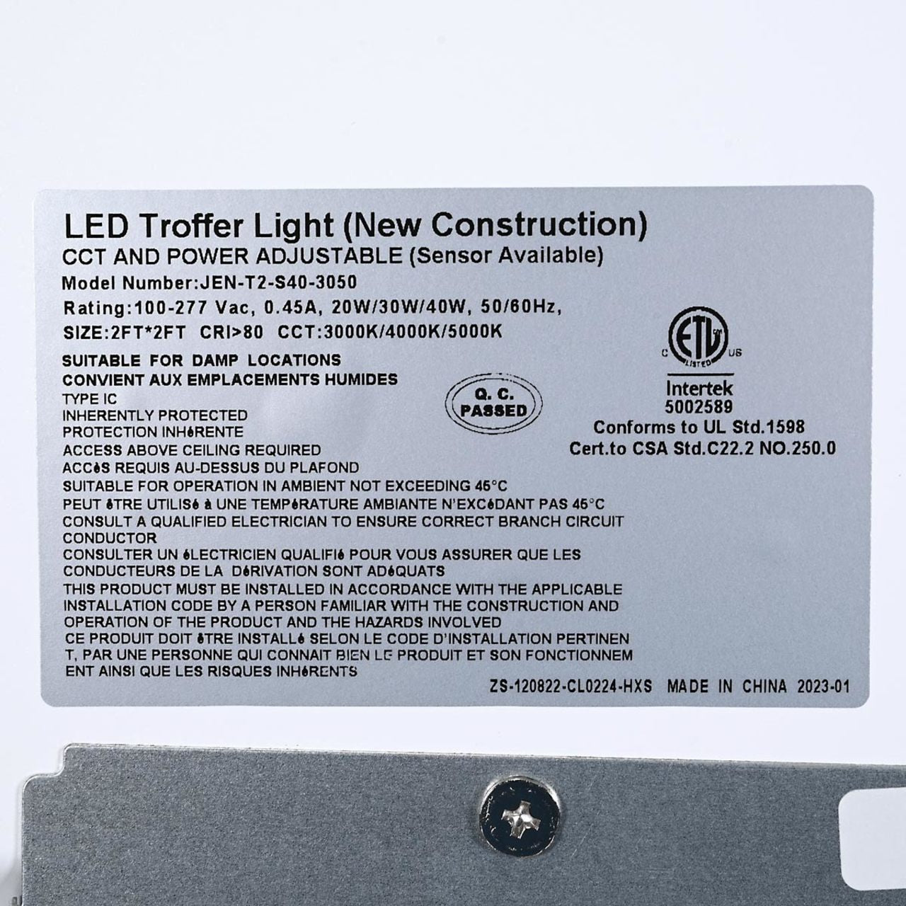 Case of 4 - 2x2 LED Troffer Light - Wattage Adjustable 20W/30W/40W - 30K/40K/50K - Sensor Base - Jen Lighting