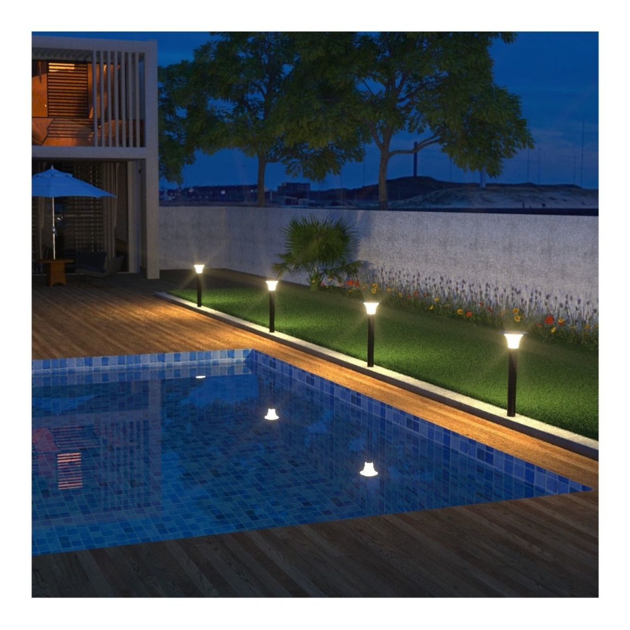 LED solar bollard lights lining the perimeter of backyard around a pool
