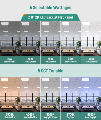 Case of 4 - 2x2 LED Flat Panel Light - Wattage Adjustable 15W/20W/25W/30W/40W - Color Tunable 35K/40K/50K/50K/65K