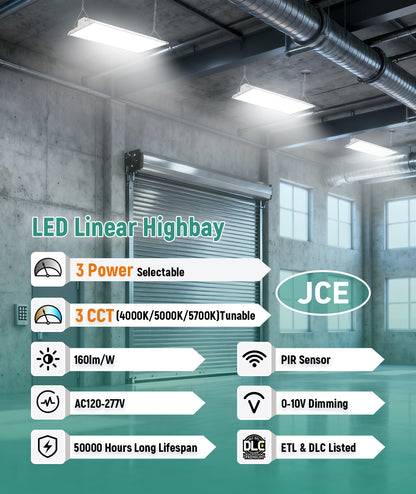 Case of 2 - LED Linear High Bay - 4ft - 48,000 Lumen Max - Full Lens - Wattage Adjustable 250W/275W/300W - Color Tunable 40K/50K/57K - Sensor Base