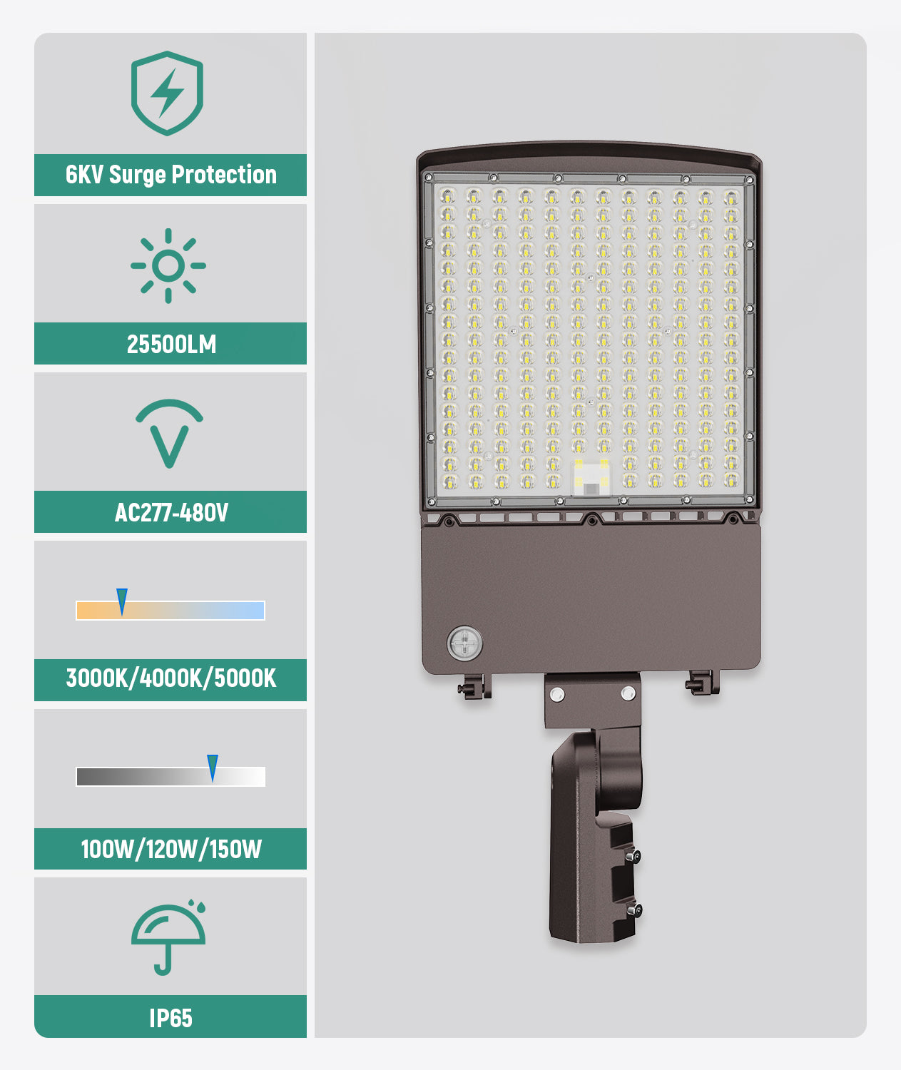 LED Area Light 100W/120W/150W Wattage & 3CCT Selectable 120-277V 25,500LM