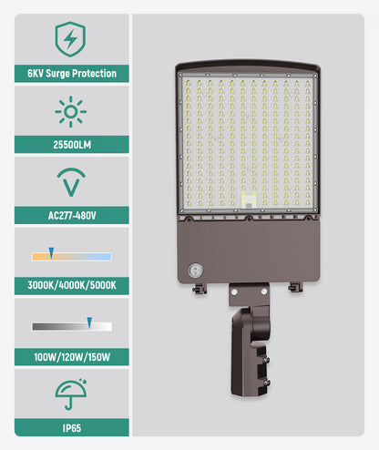 LED Area Light 100W/120W/150W Wattage & 3CCT Selectable 120-277V 25,500LM